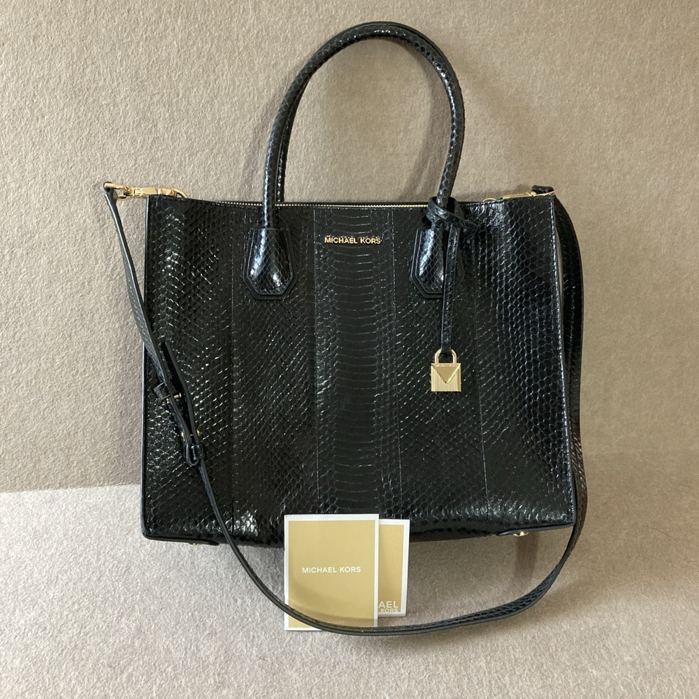 MICHAEL KORS Mercer Large Convertible Black Genuine Snakeskin Tote Shoulder Bag